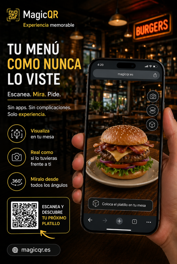 Flyer MagicQR con hamburguesa en realidad aumentada